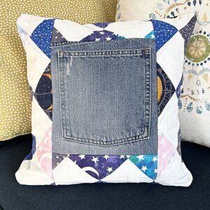 Handmade Upcycled jeans pocket Moon/Stars Quilt 16x16 square Throw pillow cover